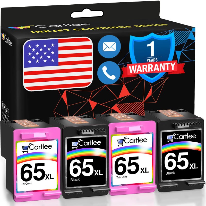 Cartlee Remanufactured Ink Cartridge Replacement for HP 65XL 65 XL for DeskJet 2600 2622 2635 2652 2655 3700 3720 3722 3752 3755 Envy 5000 5052 5055 AMP 100 Printer Series Black and Color Combo 4Pack - Image 1